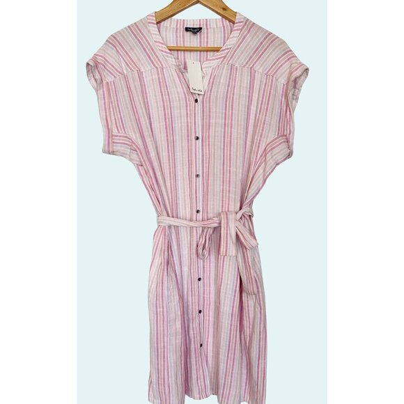 SPLENDID Wailea Hibiscus Pastel Stripe Linen Blend Full Button Dress Sz M NEW NW - Picture 2 of 8